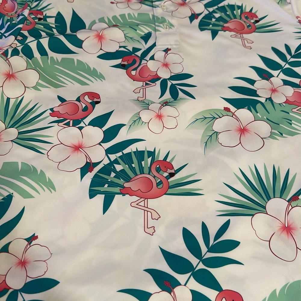 NWOT Eversole Run NWT Men's Performance Golf Polo - Flamingo Floral - Picture 4 of 6